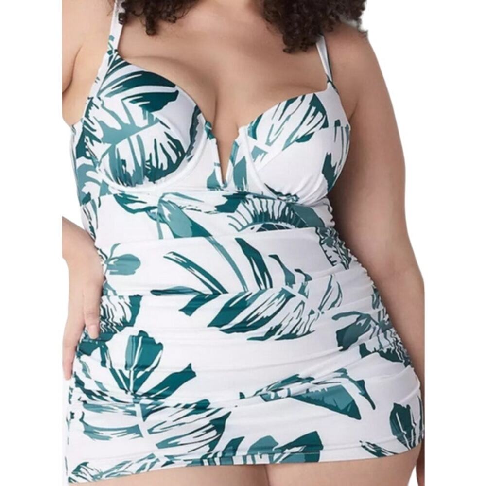 Cacique Swim Tankini Swimsuit Palm Print Underwire Adjustable White Green 40DD
